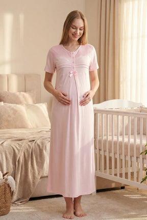 Lace Collar Maternity-Nursing Nightgown & Patterned Robe Set Pink - 2319