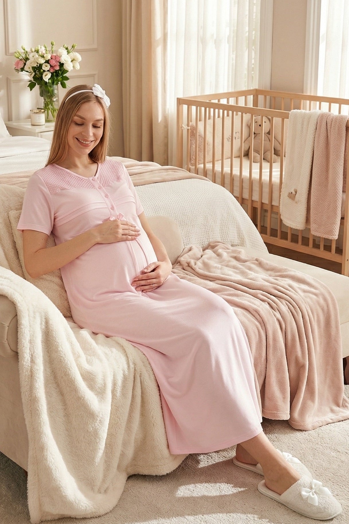 Lace Collar Maternity-Nursing Nightgown & Patterned Robe Set Pink - 2319