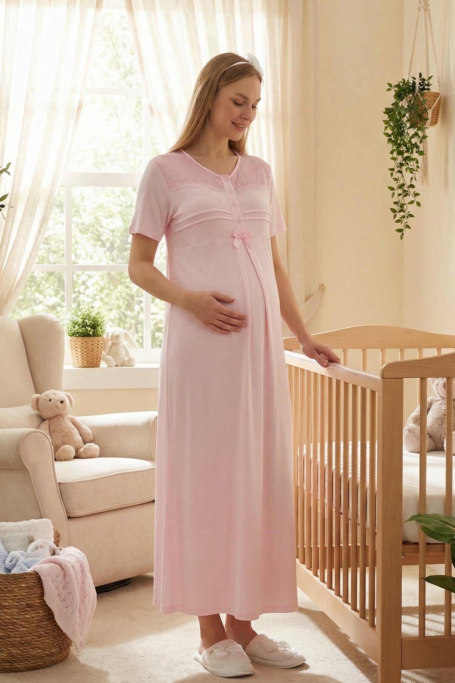 Lace Collar Maternity-Nursing Nightgown & Patterned Robe Set Pink - 2319