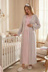 Lace Collar Maternity-Nursing Nightgown & Patterned Robe Set Pink - 2319