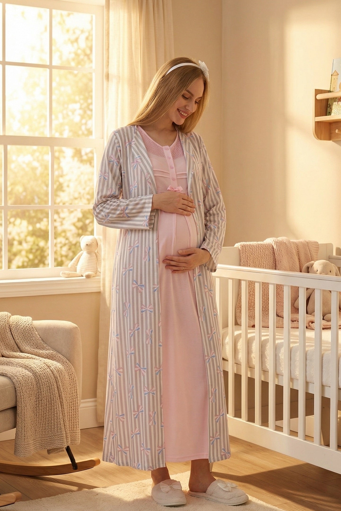 Lace Collar Maternity-Nursing Nightgown & Patterned Robe Set Pink - 2319