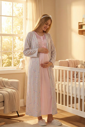 Lace Collar Maternity-Nursing Nightgown & Patterned Robe Set Pink - 2319
