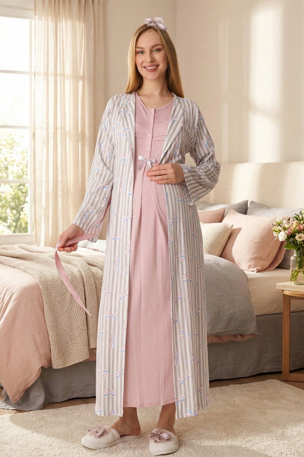 Lace Collar Maternity-Nursing Nightgown & Patterned Robe Set Powder - 2319