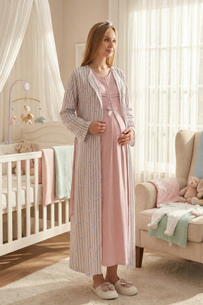 Lace Collar Maternity-Nursing Nightgown & Patterned Robe Set Powder - 2319