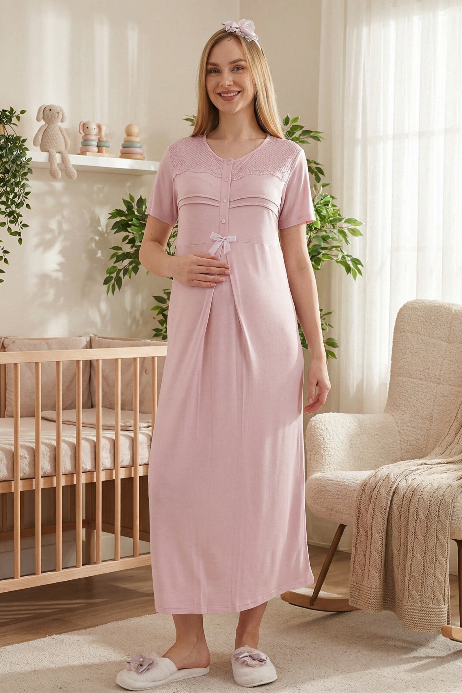 Lace Collar Maternity-Nursing Nightgown & Patterned Robe Set Powder - 2319