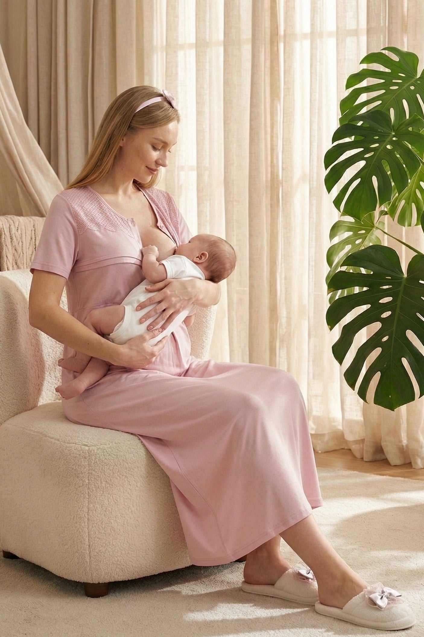 Lace Collar Maternity-Nursing Nightgown & Patterned Robe Set Powder - 2319