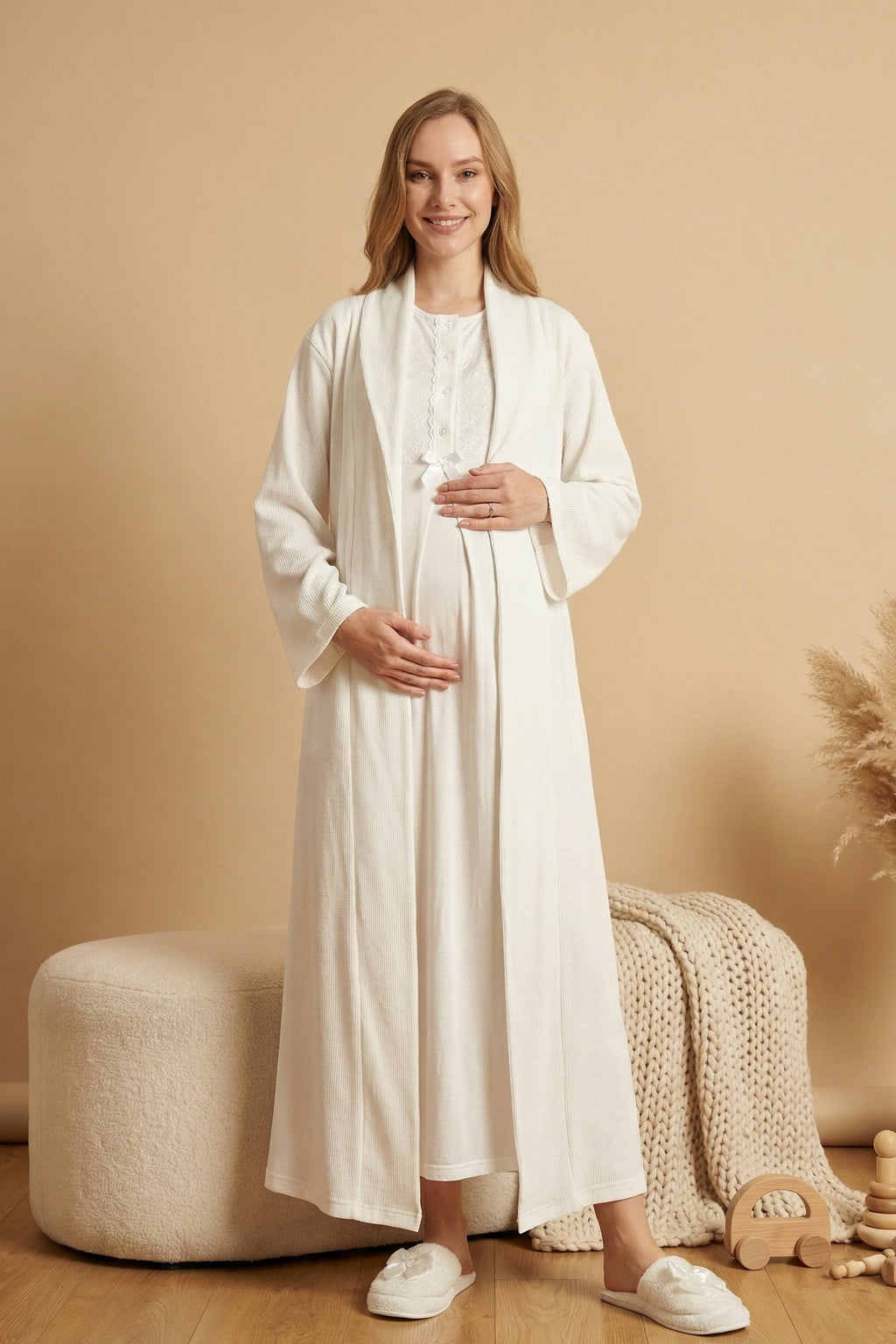 Guipure Collar Maternity-Nursing Nightgown & Ribbed Robe Set Ecru - 2320