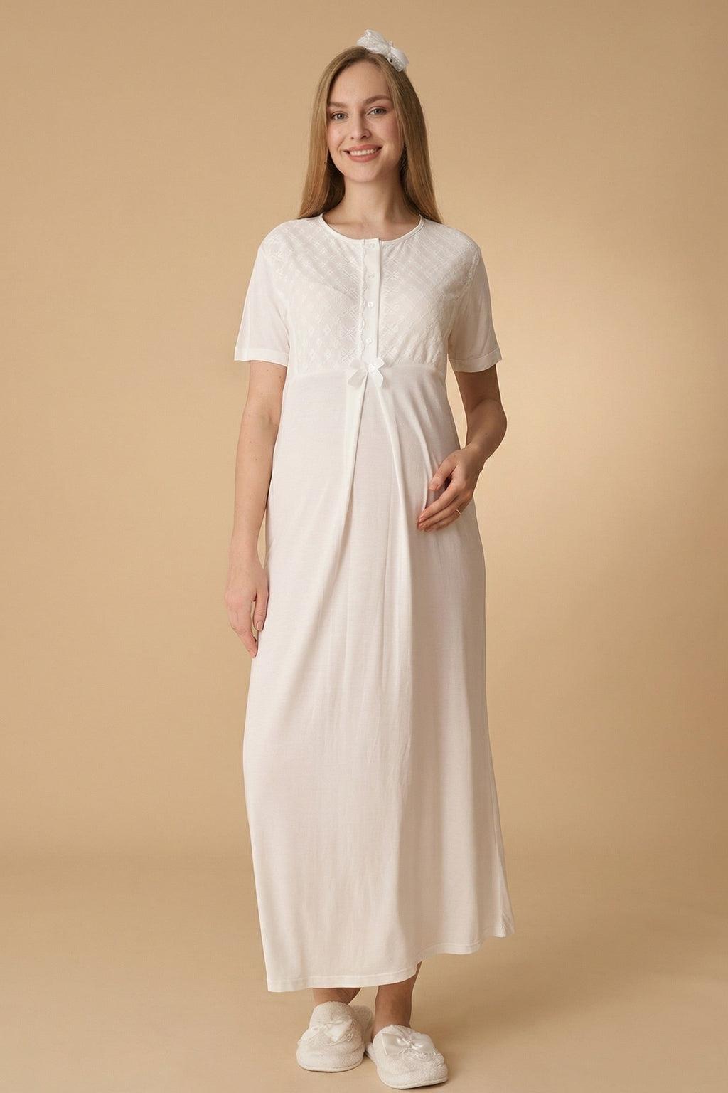 Guipure Collar Maternity-Nursing Nightgown & Ribbed Robe Set Ecru - 2320