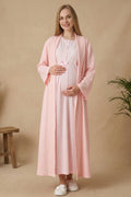 Guipure Collar Maternity-Nursing Nightgown & Ribbed Robe Set Pink - 2320