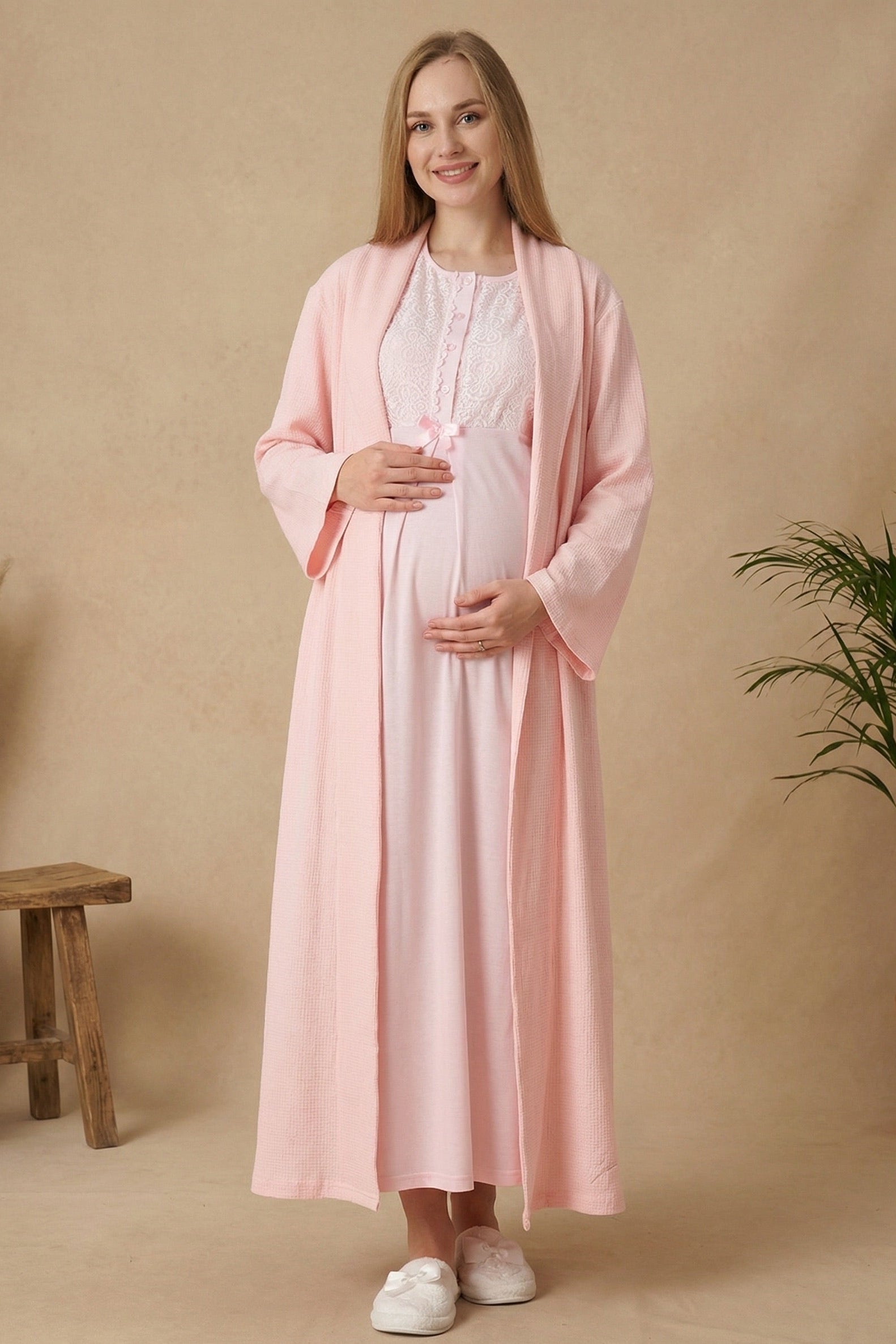 Guipure Collar Maternity-Nursing Nightgown & Ribbed Robe Set Pink - 2320