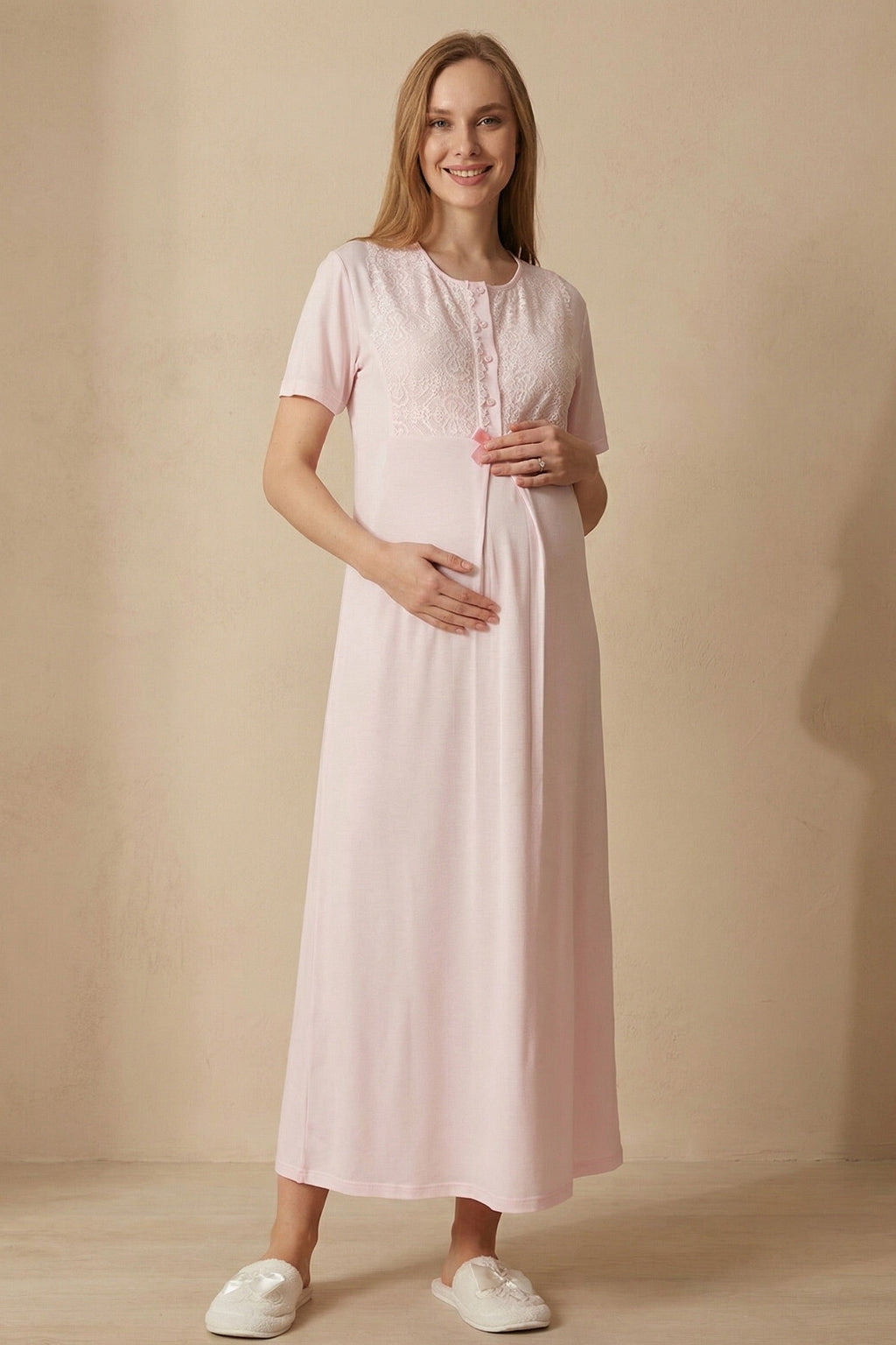 Guipure Collar Maternity-Nursing Nightgown & Ribbed Robe Set Pink - 2320