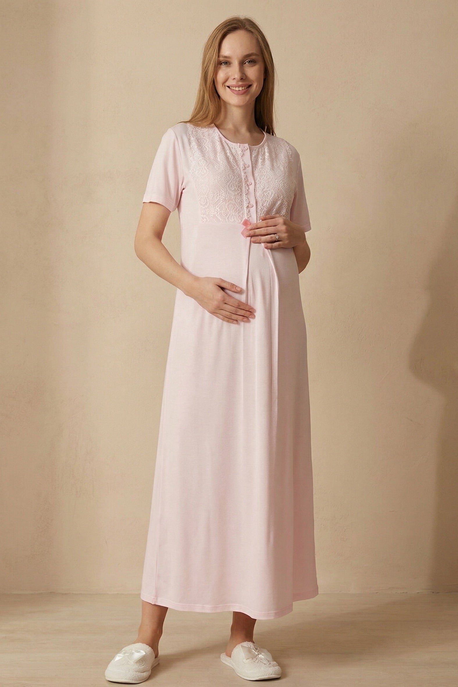 Guipure Collar Maternity-Nursing Nightgown & Ribbed Robe Set Pink - 2320