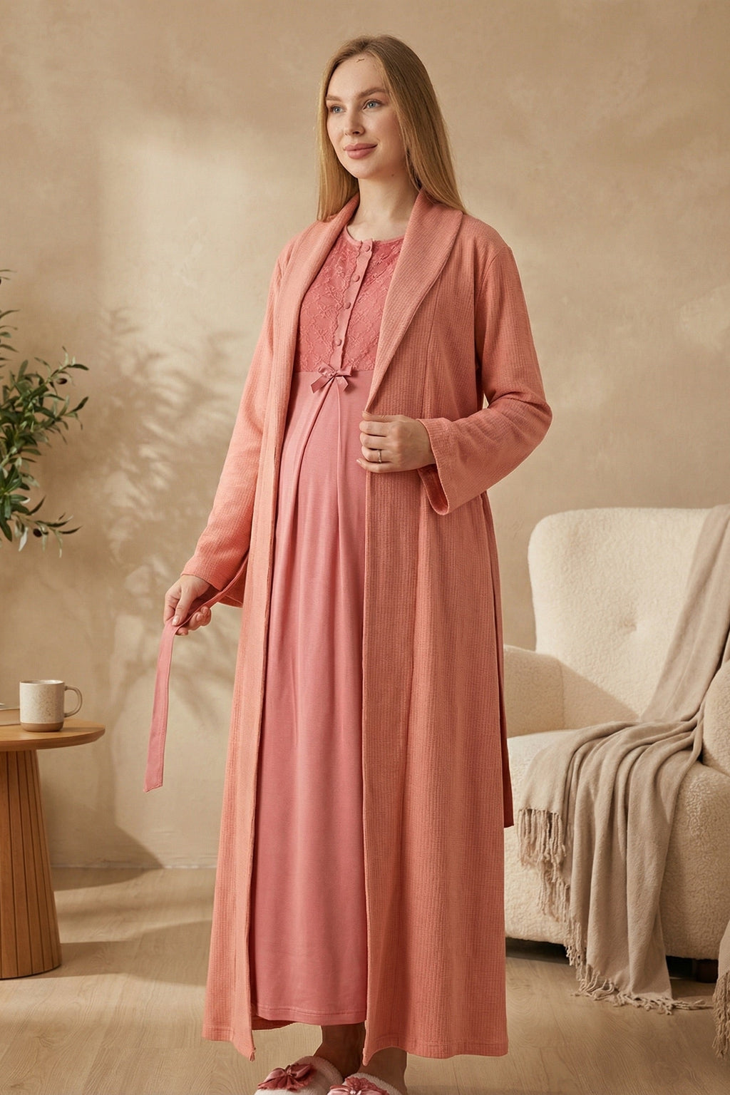 Guipure Collar Maternity-Nursing Nightgown & Ribbed Robe Set Pomegranate Red - 2320