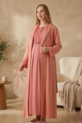 Guipure Collar Maternity-Nursing Nightgown & Ribbed Robe Set Pomegranate Red - 2320