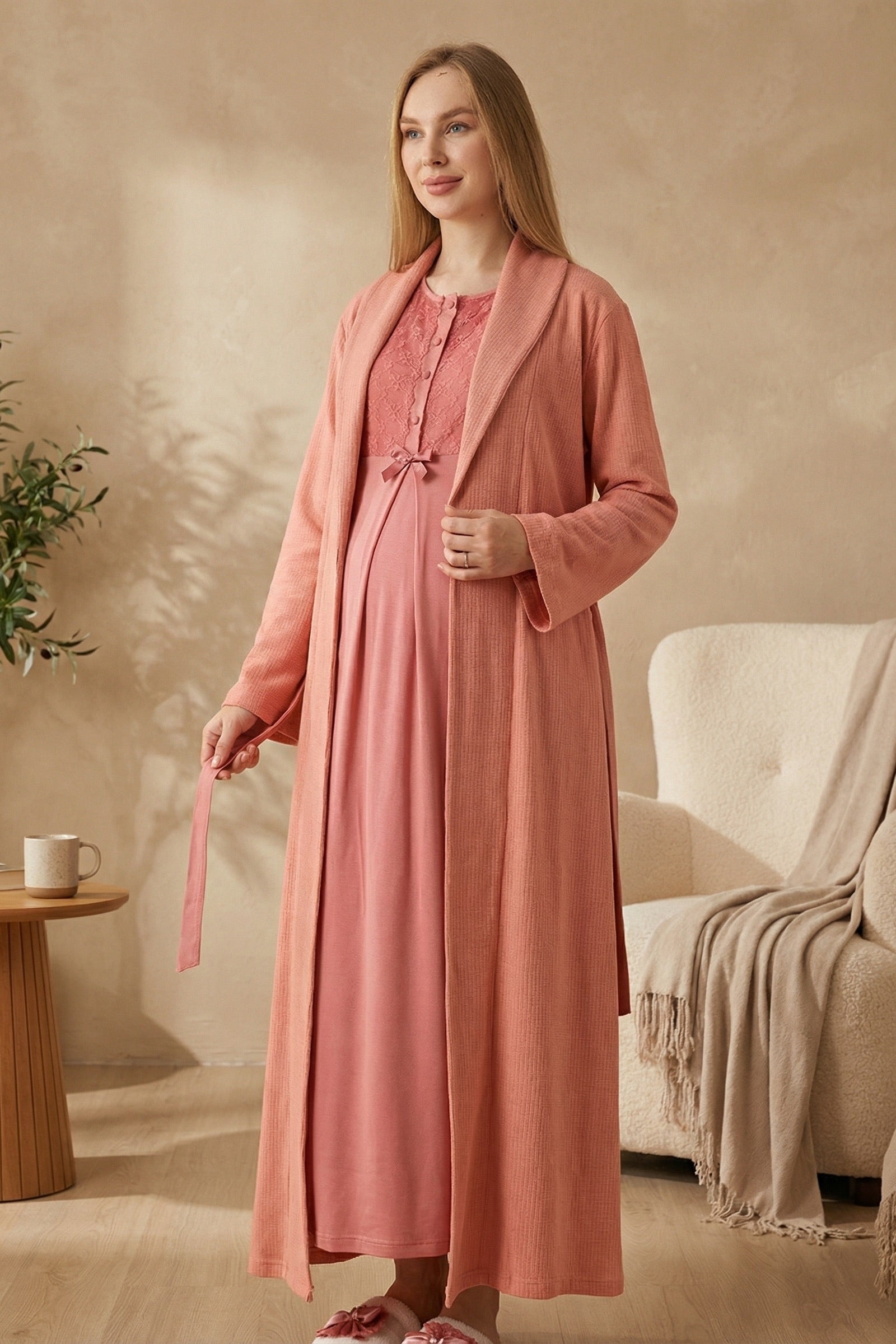 Guipure Collar Maternity-Nursing Nightgown & Ribbed Robe Set Pomegranate Red - 2320