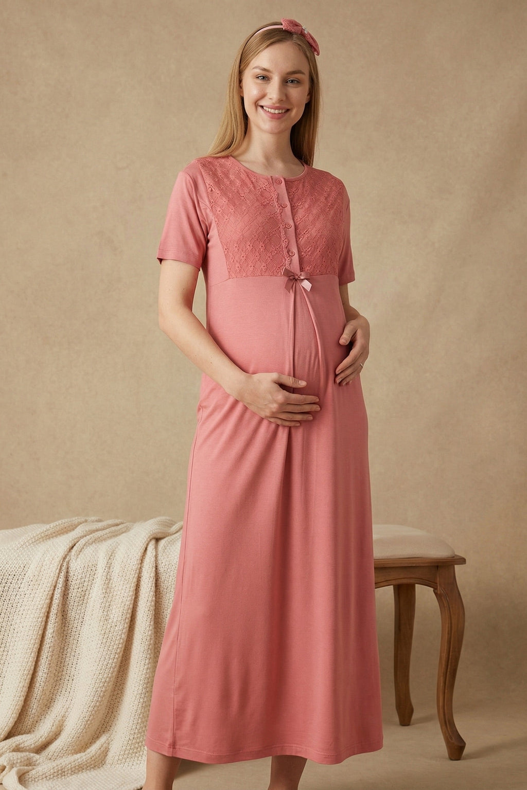 Guipure Collar Maternity-Nursing Nightgown & Ribbed Robe Set Pomegranate Red - 2320