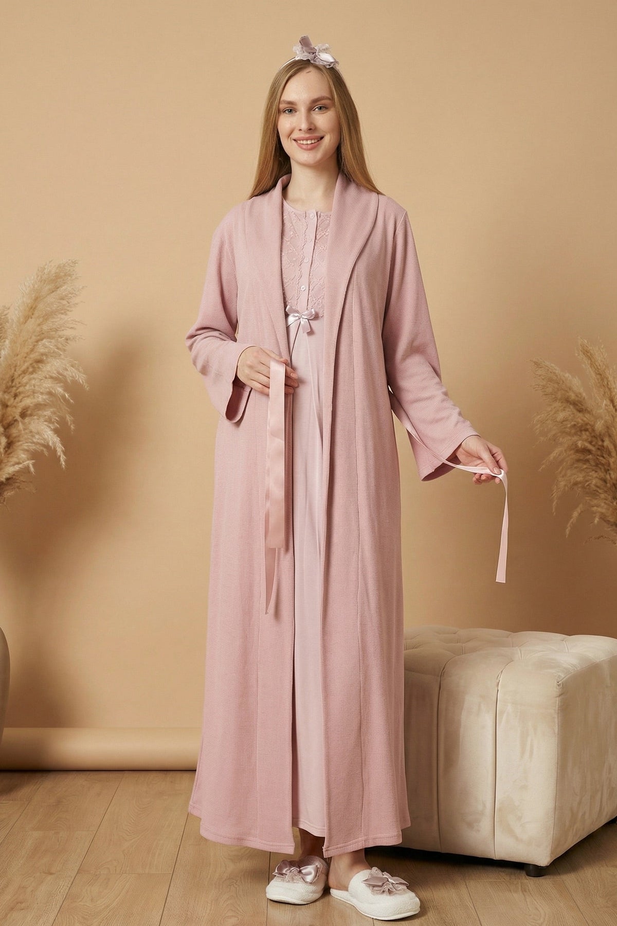 Guipure Collar Maternity-Nursing Nightgown & Ribbed Robe Set Powder - 2320