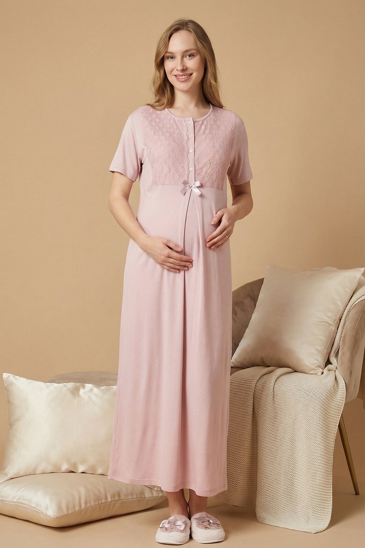 Guipure Collar Maternity-Nursing Nightgown & Ribbed Robe Set Powder - 2320