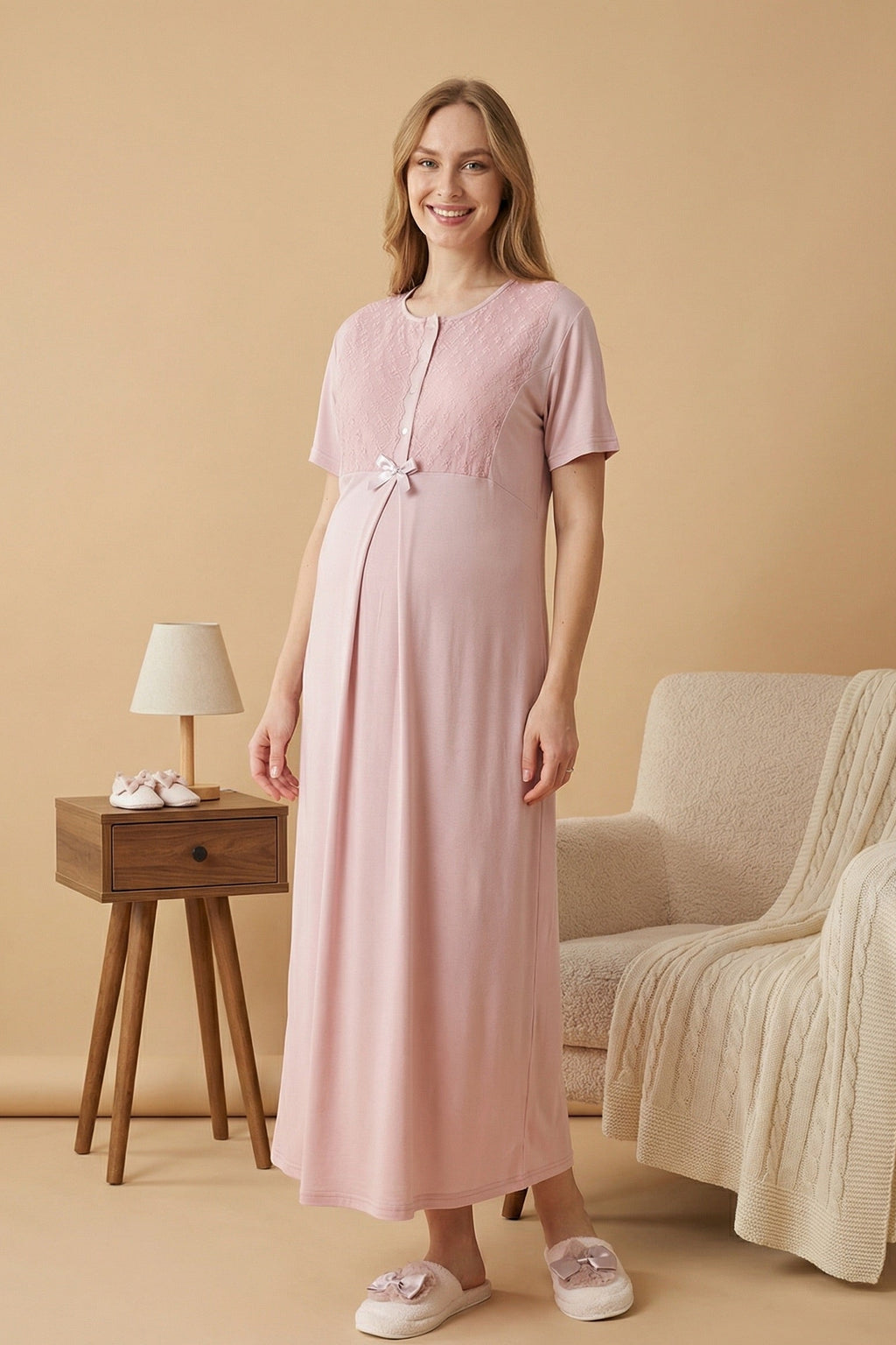 Guipure Collar Maternity Feeding-Friendly Nightgown & Ribbed Robe Set Powder - Z2320