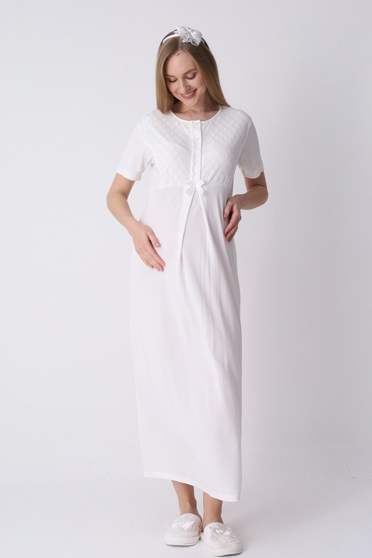 Guipure Collar Maternity-Nursing Nightgown & Ribbed Robe Set Ecru - 2320