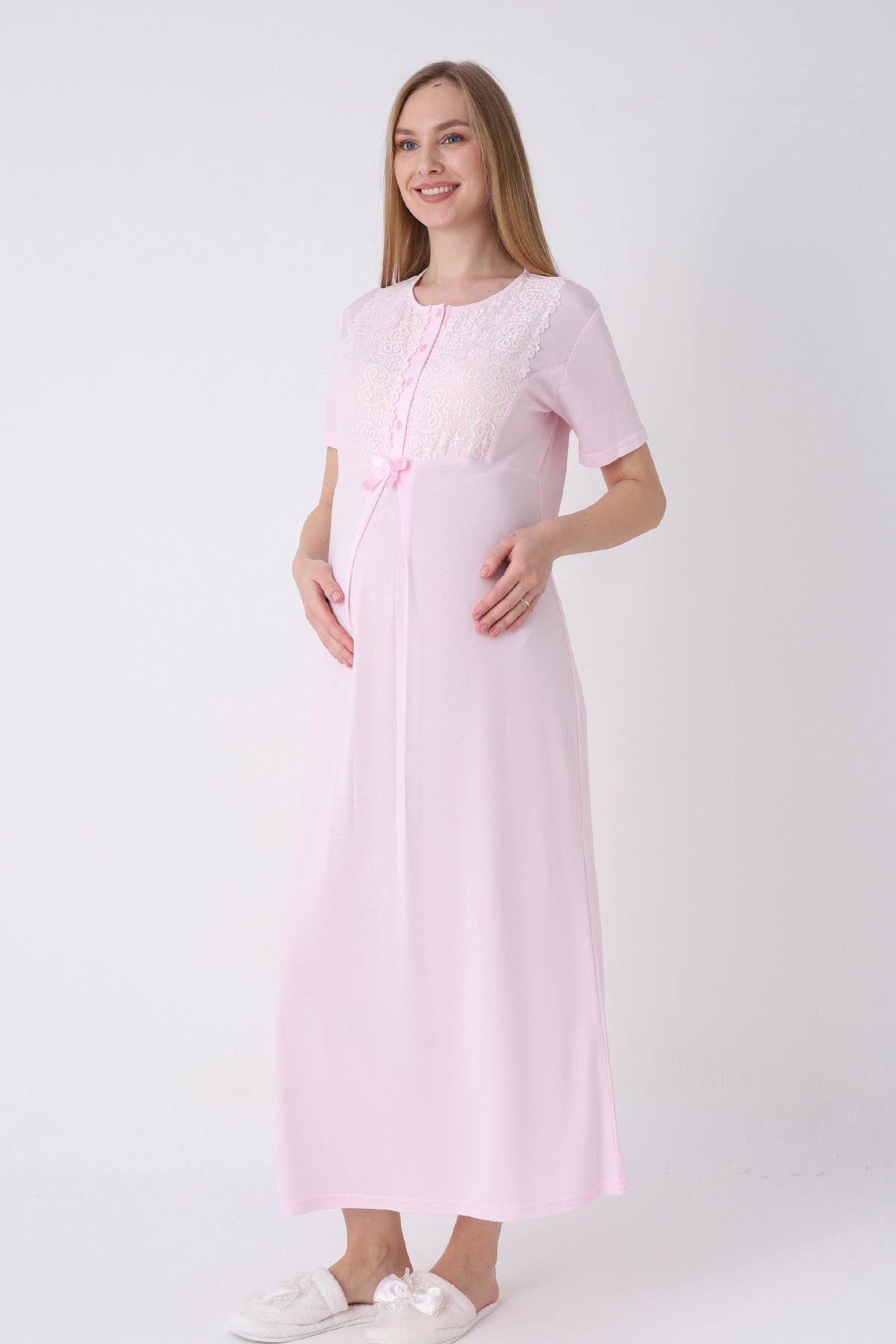 Guipure Collar Maternity-Nursing Nightgown & Ribbed Robe Set Pink - 2320