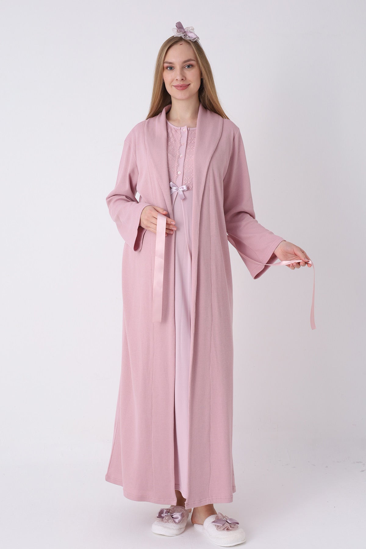 Guipure Collar Maternity-Nursing Nightgown & Ribbed Robe Set Powder - 2320