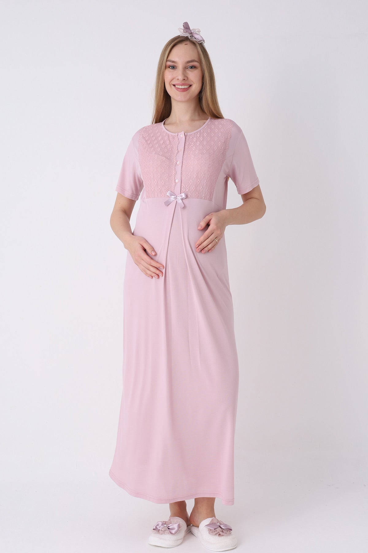 Guipure Collar Maternity-Nursing Nightgown & Ribbed Robe Set Powder - 2320