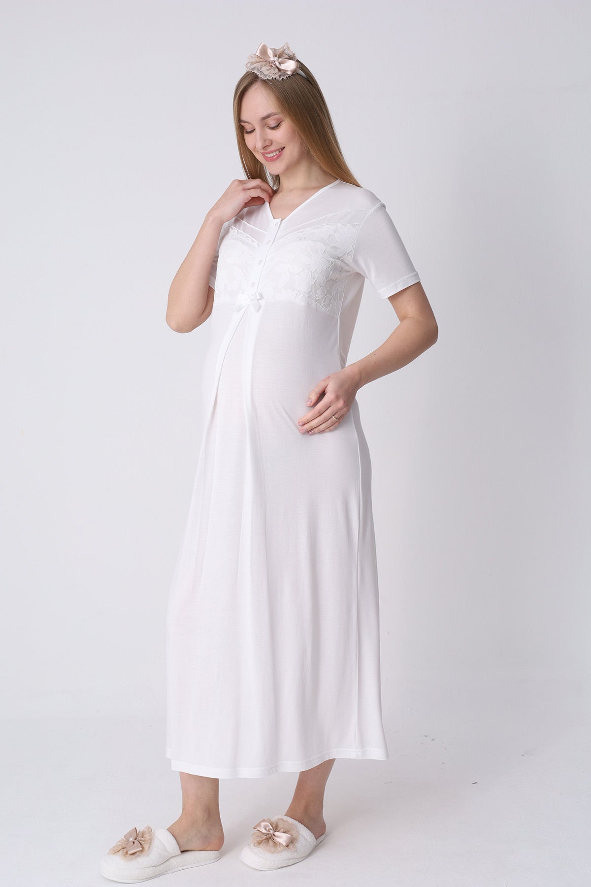 Guipure Maternity-Nursing Nightgown & Patterned Robe Set Ecru/Green - 2321