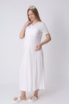 Guipure Maternity-Nursing Nightgown & Patterned Robe Set Ecru/Green - 2321