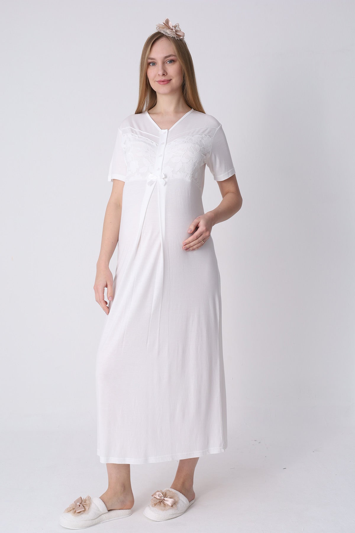 Guipure Maternity-Nursing Nightgown & Patterned Robe Set Ecru/Green - 2321