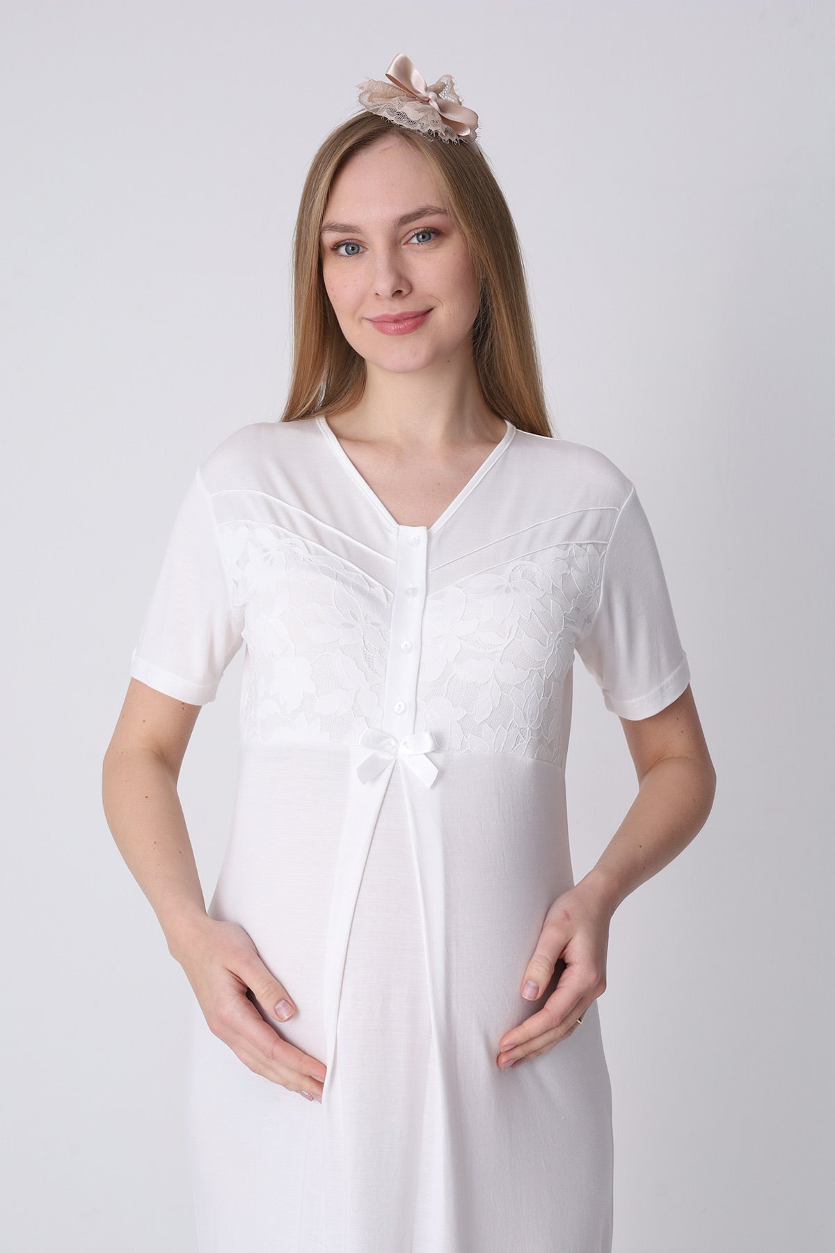 Guipure Maternity-Nursing Nightgown & Patterned Robe Set Ecru/Green - 2321