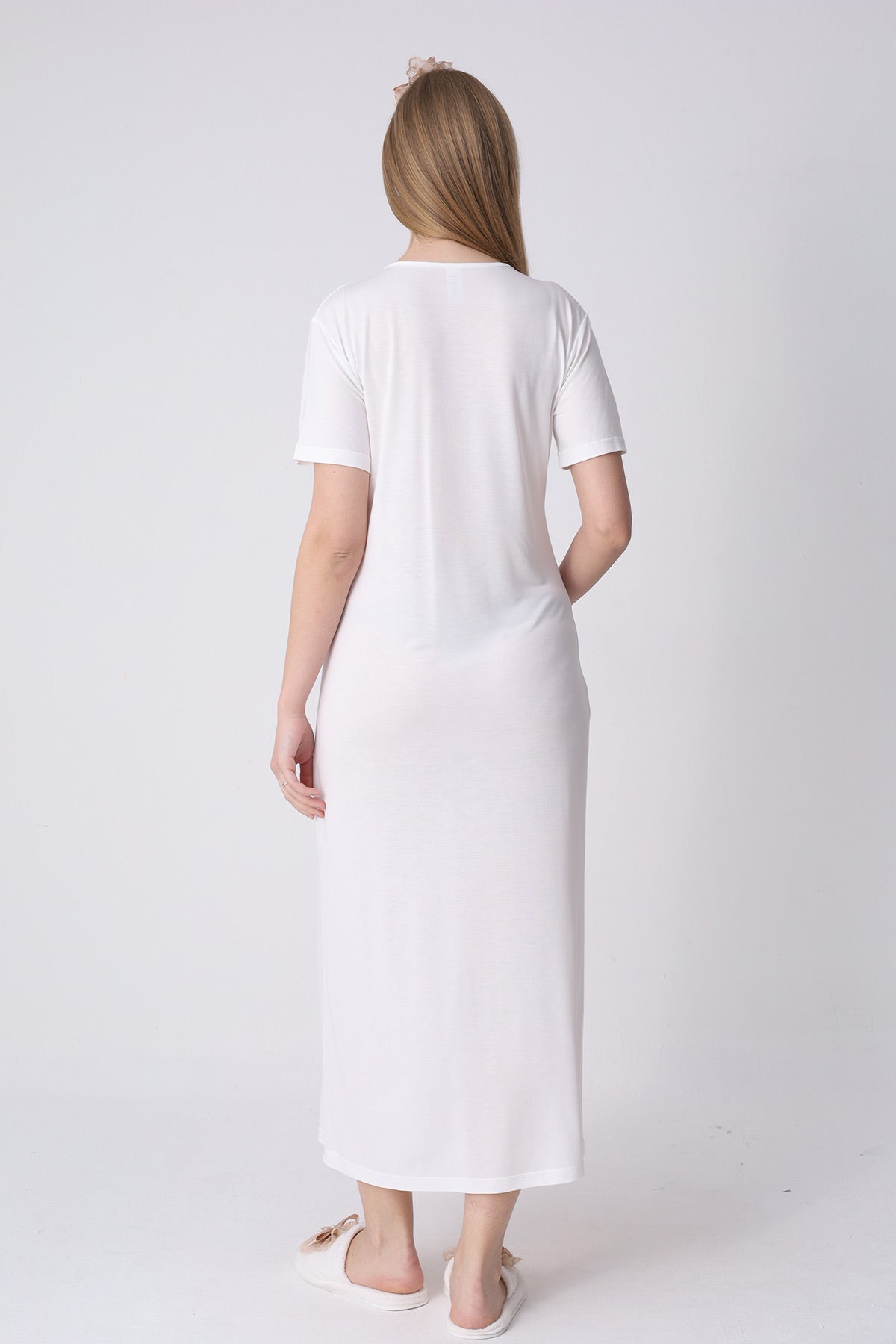 Guipure Maternity-Nursing Nightgown & Patterned Robe Set Ecru/Green - 2321