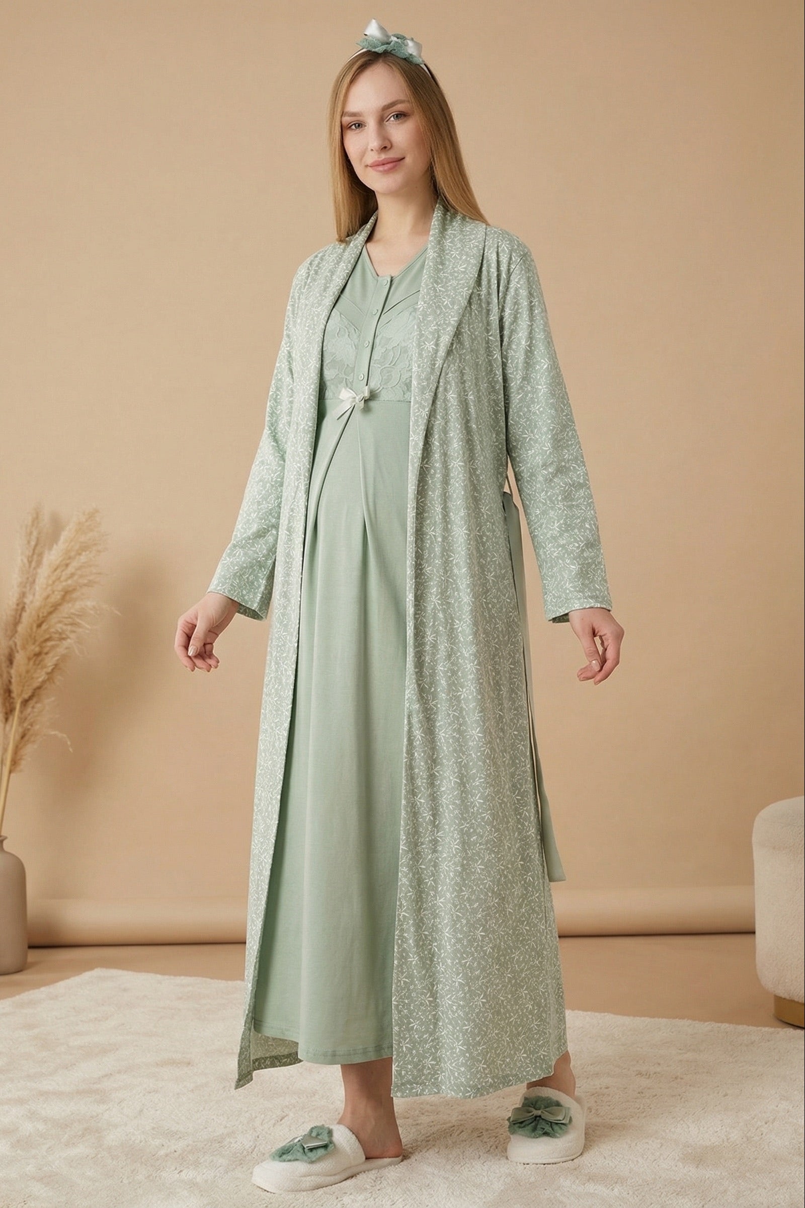 Guipure Maternity-Nursing Nightgown & Patterned Robe Set Green - 2321