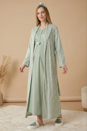 Guipure Maternity-Nursing Nightgown & Patterned Robe Set Green - 2321