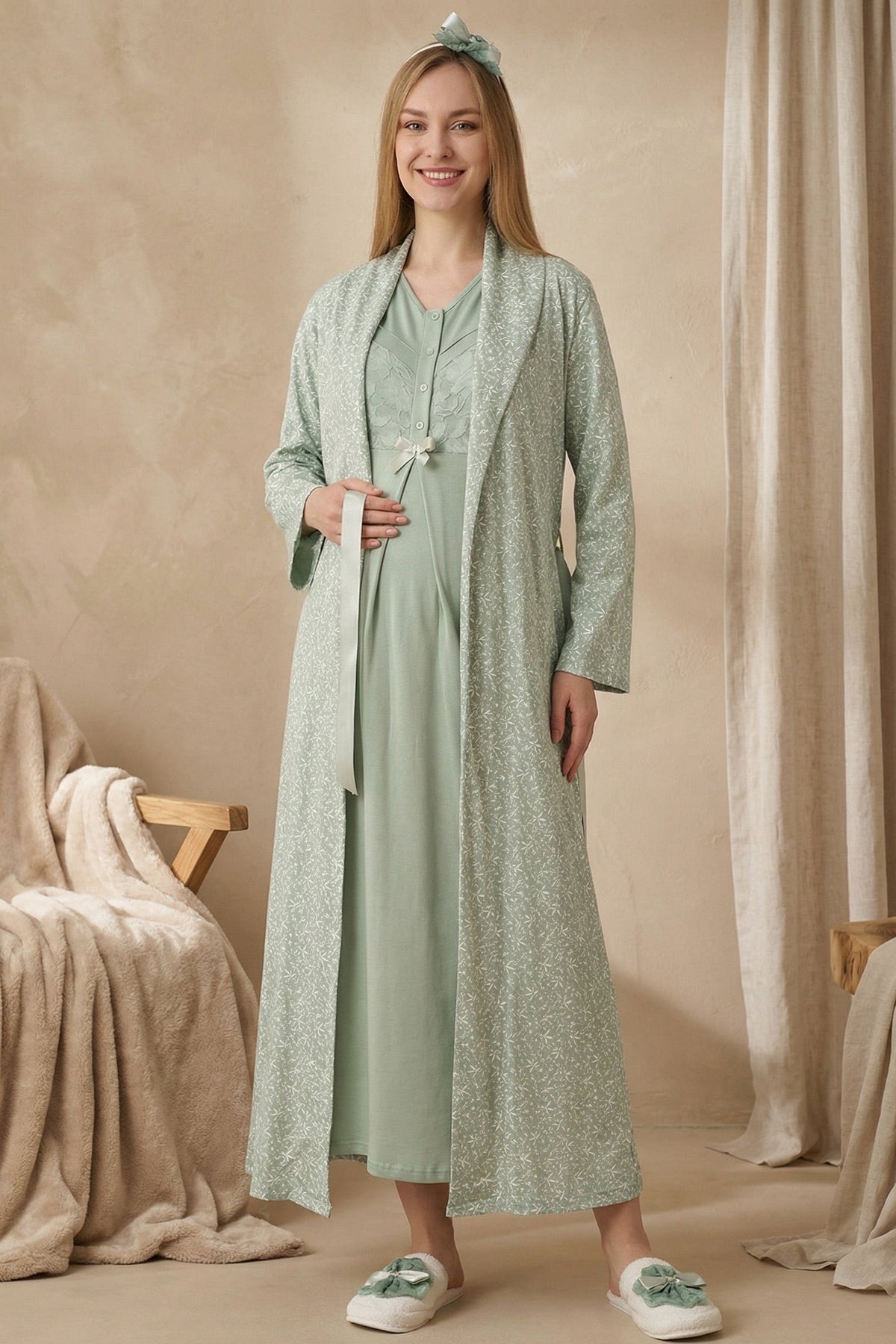 Guipure Maternity-Nursing Nightgown & Patterned Robe Set Green - 2321