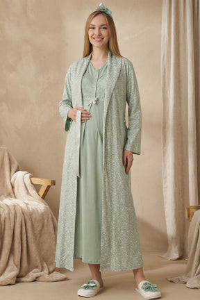 Guipure Maternity-Nursing Nightgown & Patterned Robe Set Green - 2321