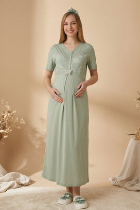 Guipure Maternity-Nursing Nightgown & Patterned Robe Set Green - 2321