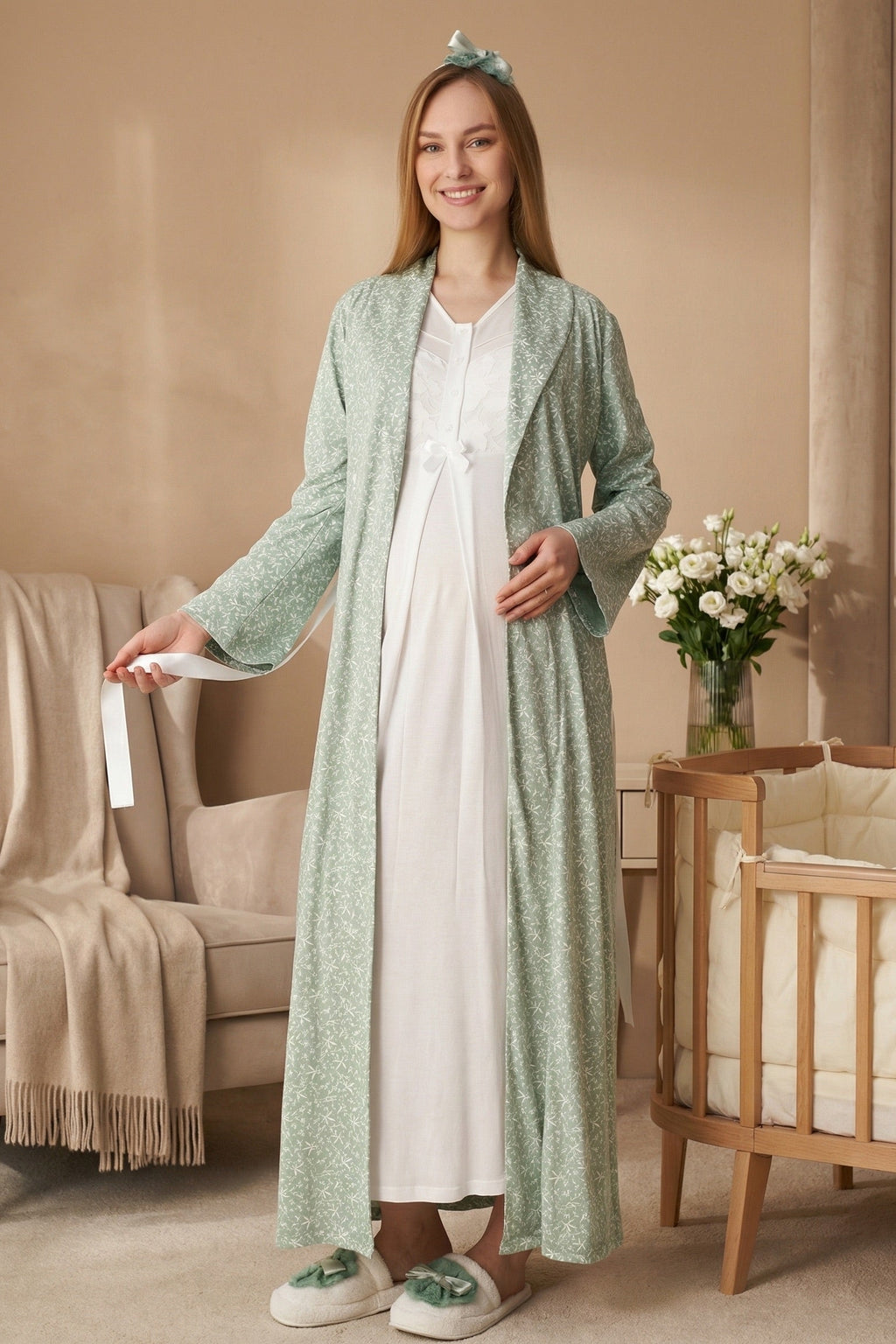 Guipure Maternity Feeding-Friendly Nightgown & Patterned Robe Set Green/Ecru - Z2321