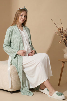 Guipure Maternity-Nursing Nightgown & Patterned Robe Set Ecru/Green - 2321