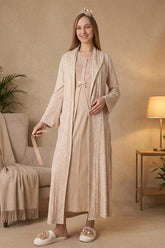 Guipure Maternity-Nursing Nightgown & Patterned Robe Set Mink - 2321