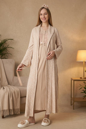 Guipure Maternity-Nursing Nightgown & Patterned Robe Set Mink - 2321