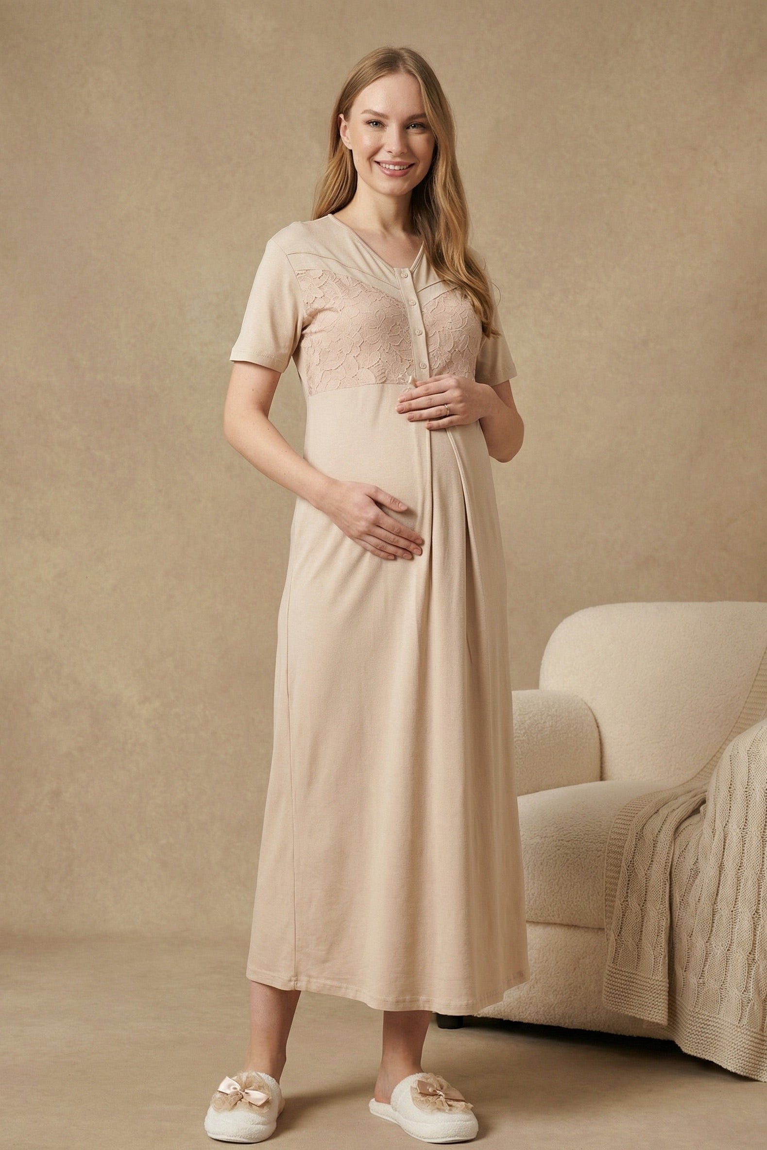 Guipure Maternity-Nursing Nightgown & Patterned Robe Set Mink - 2321