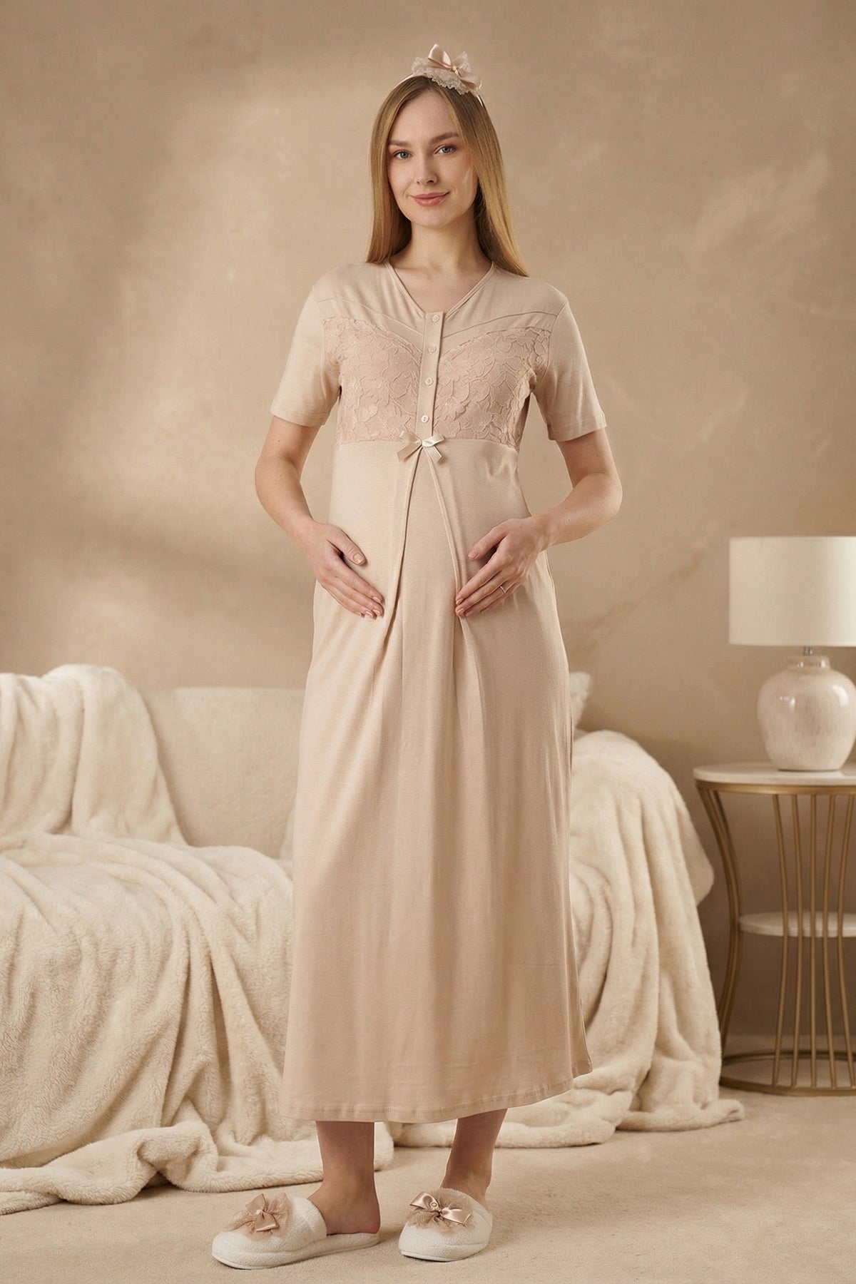 Guipure Maternity-Nursing Nightgown & Patterned Robe Set Mink - 2321