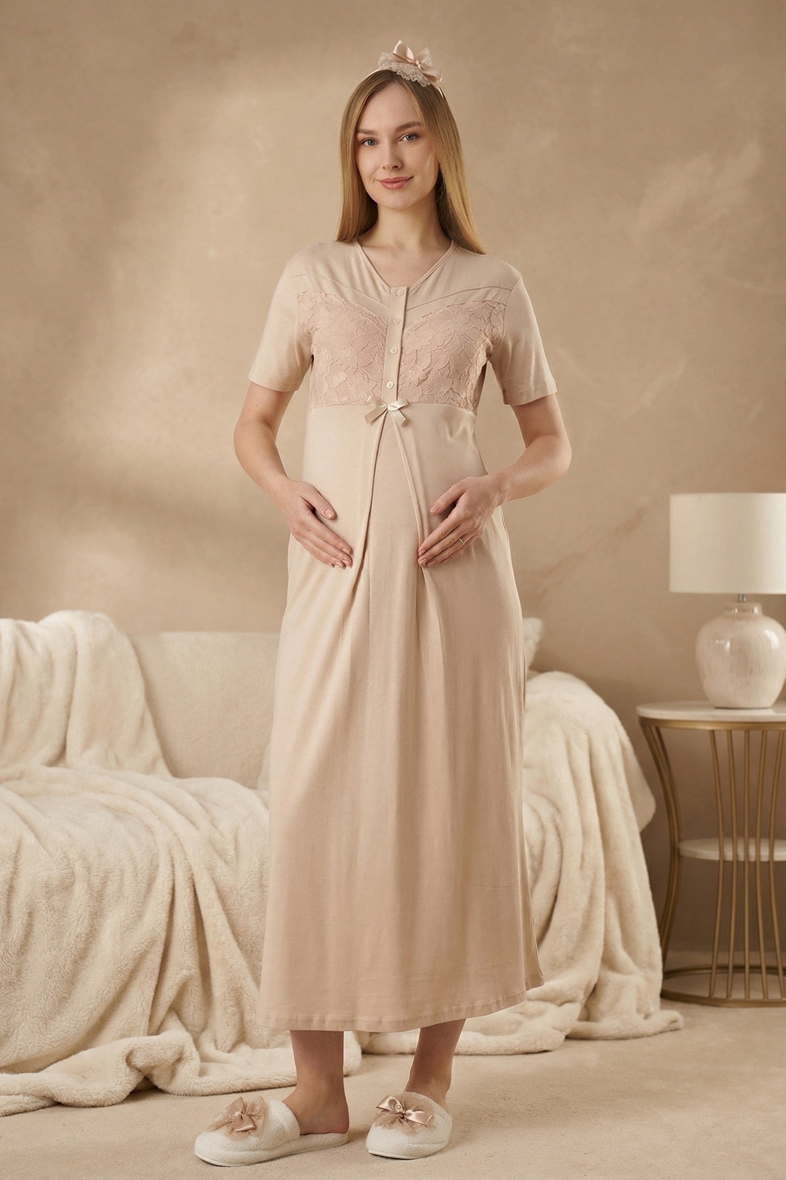 Guipure Maternity-Nursing Nightgown & Patterned Robe Set Mink - 2321