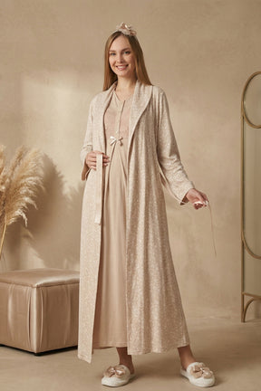 Guipure Maternity-Nursing Nightgown & Patterned Robe Set Mink - 2321