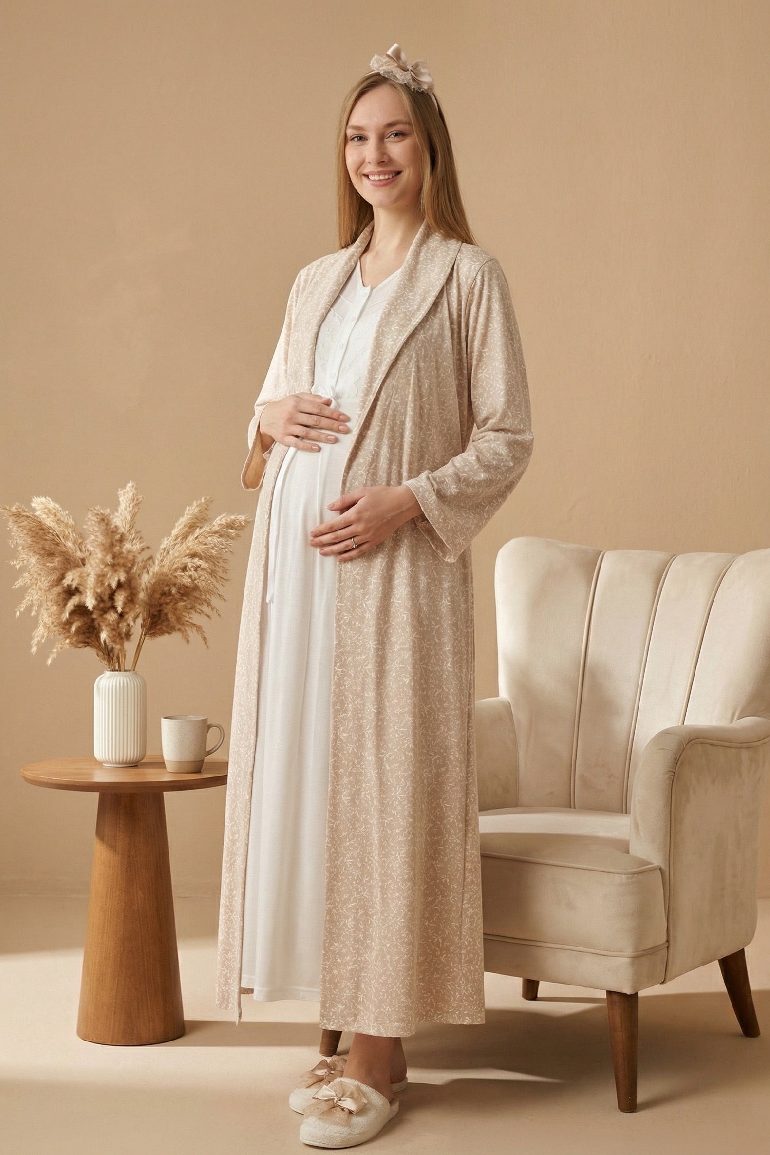 Guipure Maternity-Nursing Nightgown & Patterned Robe Set Ecru/Mink - 2321