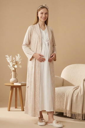 Guipure Maternity-Nursing Nightgown & Patterned Robe Set Ecru/Mink - 2321