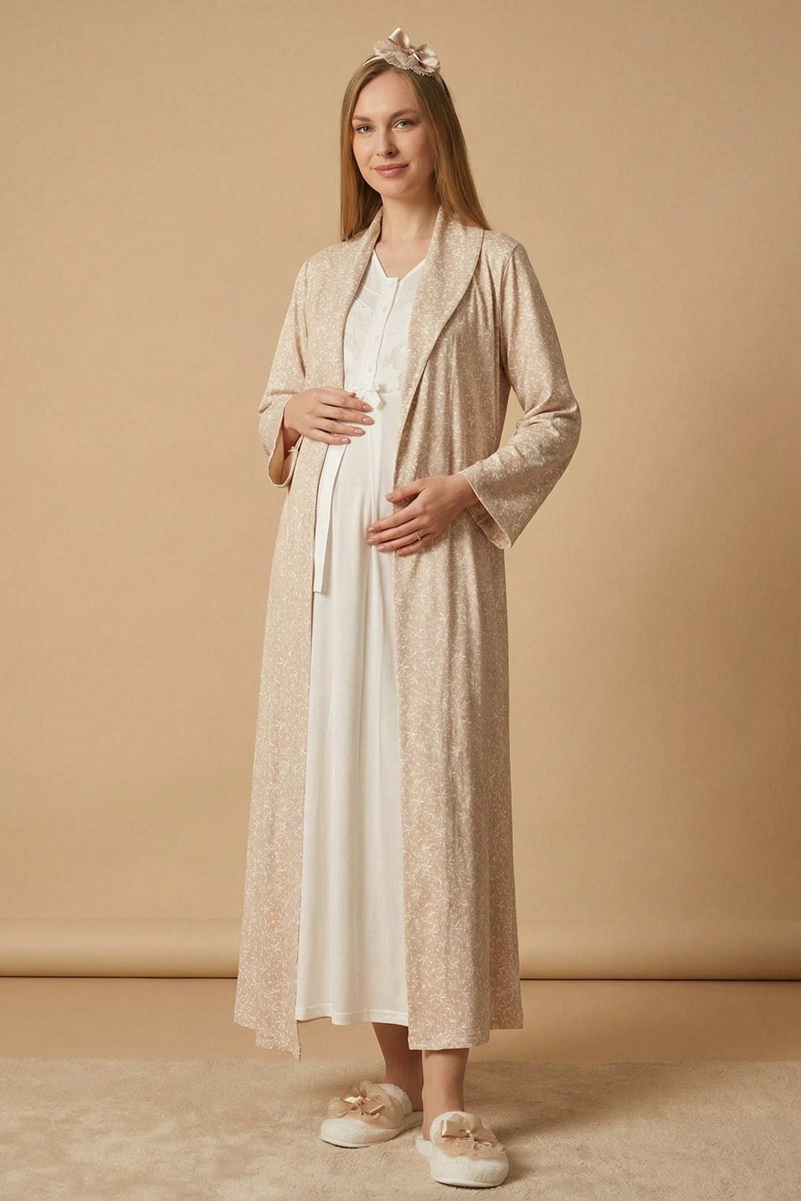 Guipure Maternity-Nursing Nightgown & Patterned Robe Set Ecru/Mink - 2321