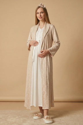 Guipure Maternity-Nursing Nightgown & Patterned Robe Set Ecru/Mink - 2321