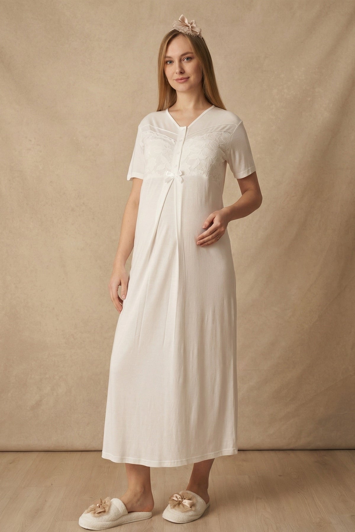 Guipure Maternity-Nursing Nightgown & Patterned Robe Set Ecru/Mink - 2321